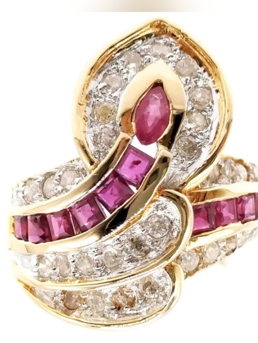 18k Gold Vintage Over 2 Carats Ruby and Diamonds Large Flame Ring